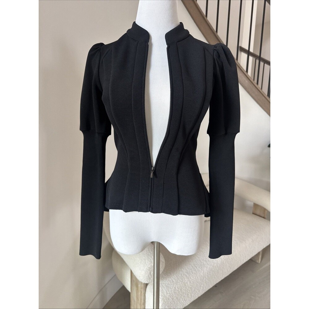 Vintage Bebe Structured Black Zip Front Peplum Jacket Puff Sleeve XS - Picture 6 of 10